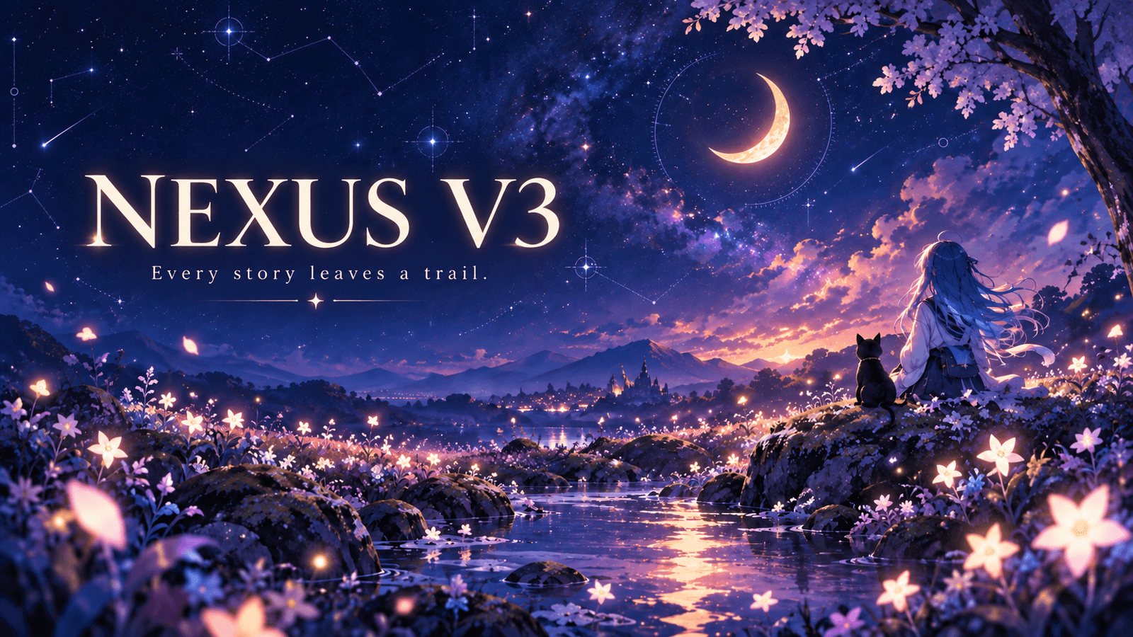Nexus v3: a traveler and black cat beneath a crescent moon, with a starry trail across the DreamJourneyAI sky.